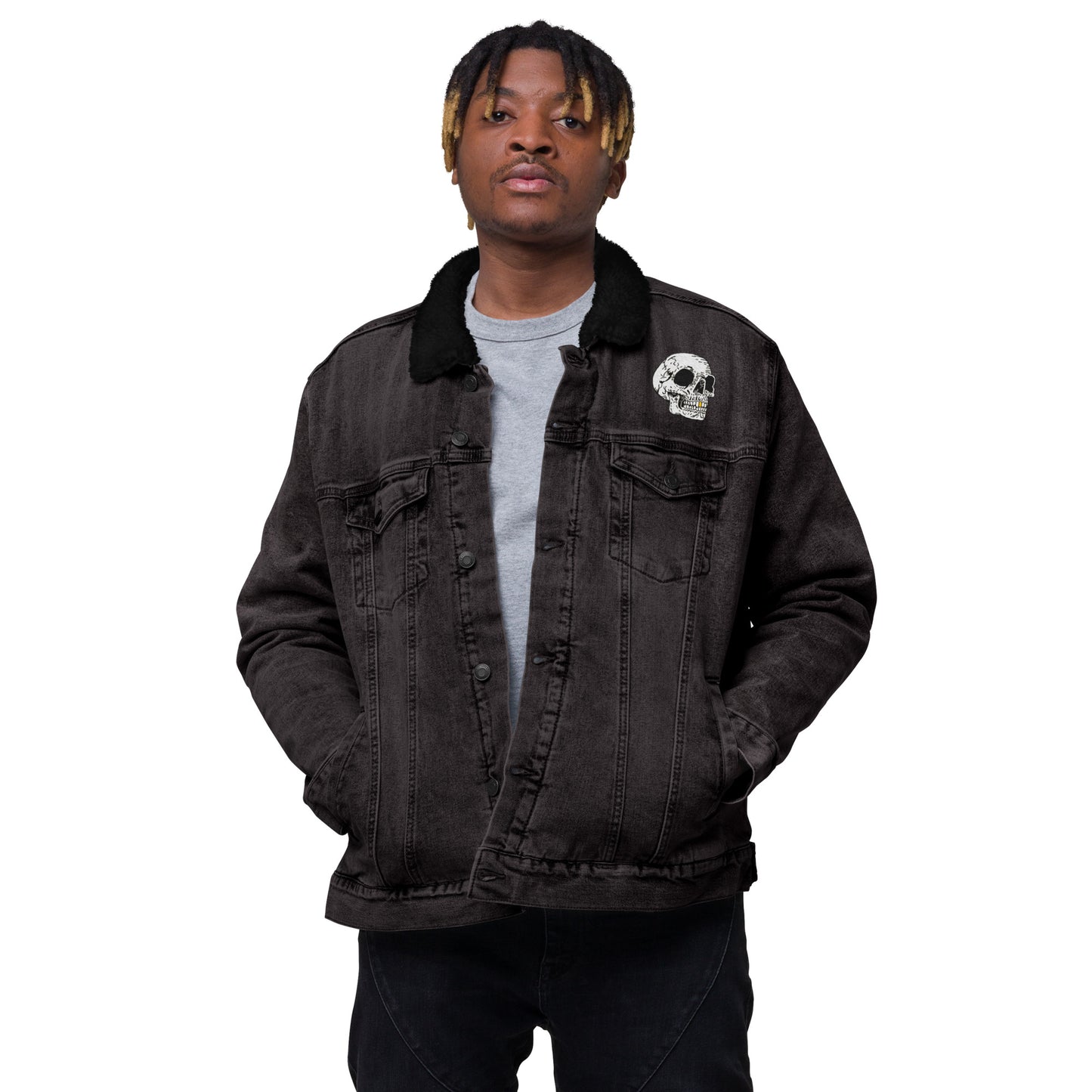 Gold Tooth Skull Unisex denim sherpa jacket
