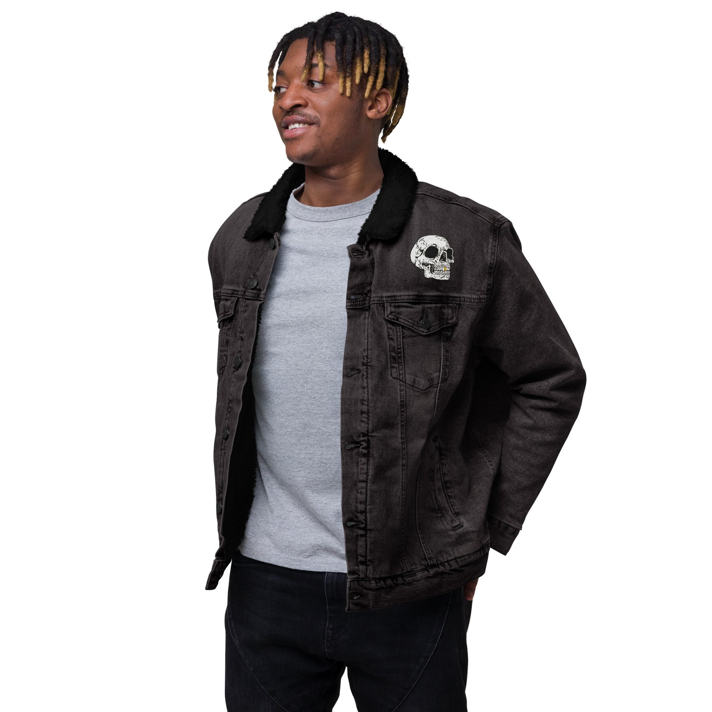 Gold Tooth Skull Unisex denim sherpa jacket