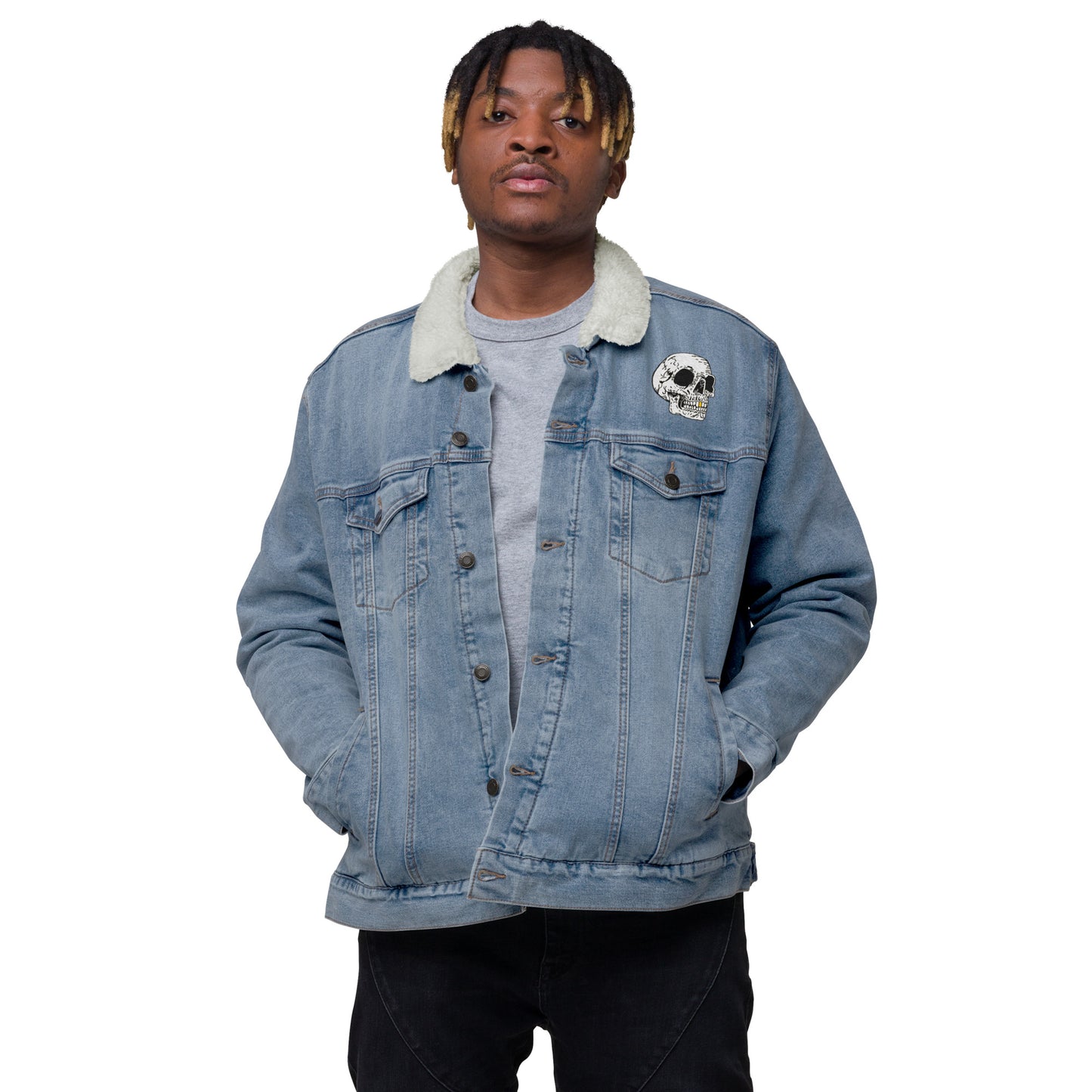Gold Tooth Skull Unisex denim sherpa jacket
