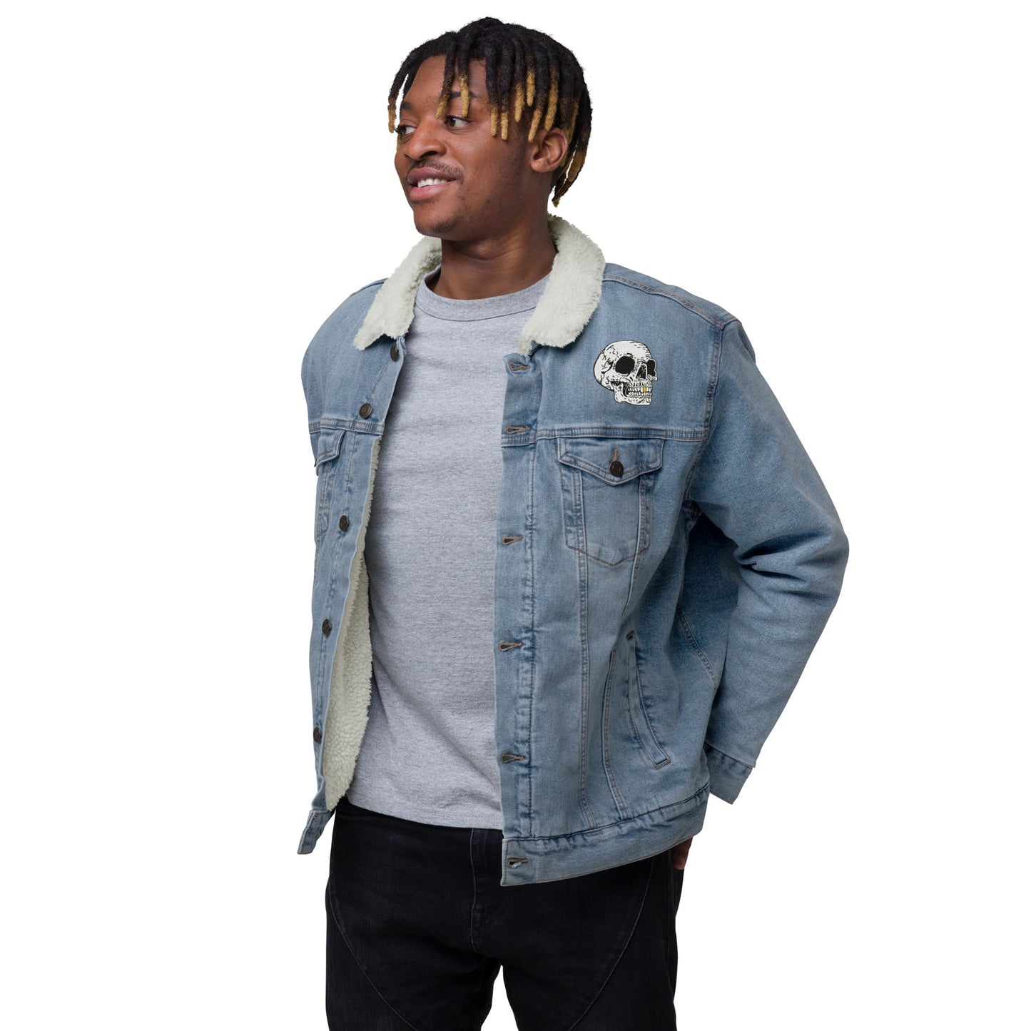 Gold Tooth Skull Unisex denim sherpa jacket